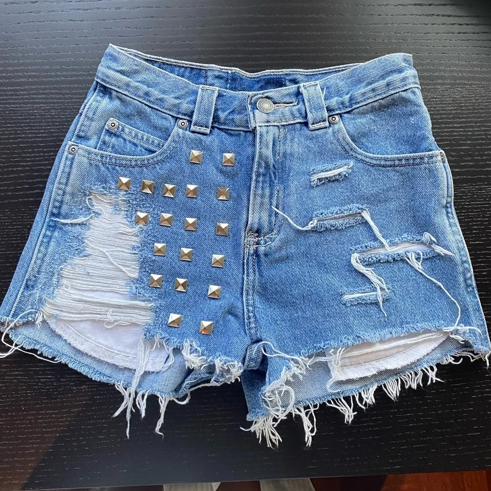 LF ripped denim short shorts with bedazzle on front - Picture 1 of 8